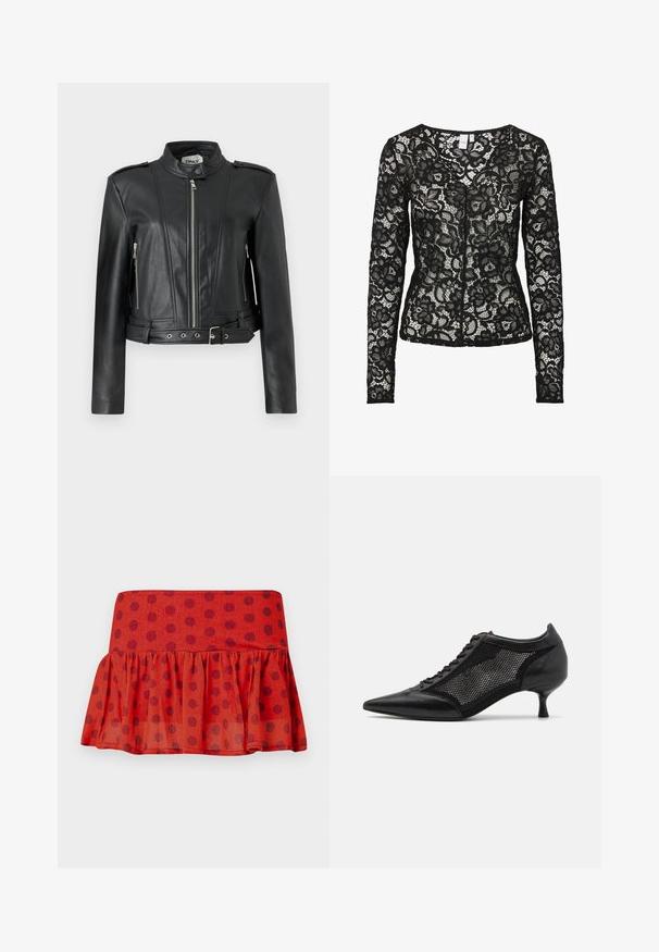 Black leather jacket with a cropped design, featuring a zip front, side zip pockets, shoulder epaulets, and a belted waist detail.; Black long-sleeve lace blouse with floral pattern, sheer fabric, and a rounded neckline, featuring a front hook-and-eye closure.; Red ruffled skirt with black polka dots, made of lightweight fabric. Features a fitted waistband and layered design.; Black pointed-toe shoe with a mesh panel design, featuring a low heel and lace-up front. Made from a combination of leather and mesh material.