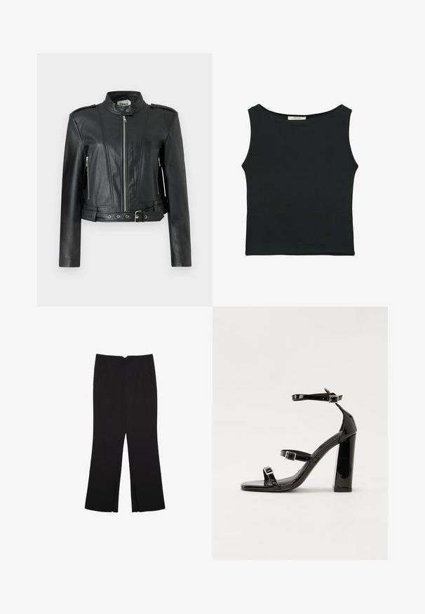 Veste en cuir noir au design court, dotée d'une fermeture éclair sur le devant, de poches zippées sur les côtés, d'épaulettes et d'un détail à la taille ceinturé.; Top sans manches noir en tissu lisse, avec un col rond et une coupe ajustée, sans motifs ni ornements apparents.; Pantalon noir avec une coupe droite, doté de poches avant et d'éclairs sur l'ourlet. Fabriqué en tissu doux et lisse. Convient à diverses occasions.; Sandales à talons vernies noires avec un bout carré, des sangles autour de la cheville et des boucles en argent. Dotées d'un talon bloc épais pour plus de stabilité.