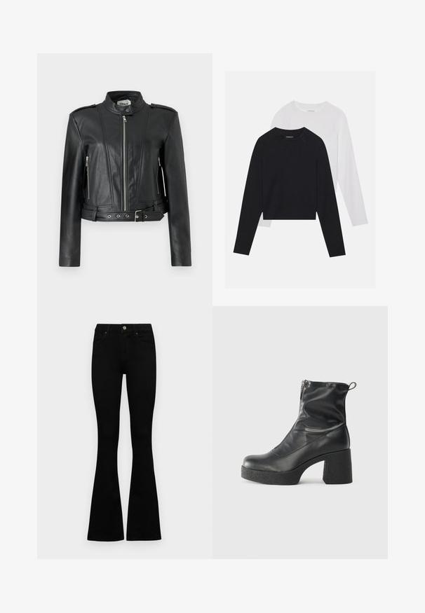 Veste en cuir noir au design court, dotée d'une fermeture éclair sur le devant, de poches zippées sur les côtés, d'épaulettes et d'un détail à la taille ceinturé.; Deux chemises à manches longues : une noire et une blanche. Les deux présentent un col rond, des manches raglan et un tissu doux en mélange de coton.; Jean noir taille haute avec fermeture à bouton et à zip, poches avant et jambes évasées, posés à plat sur un fond blanc.; Bottes noires à la cheville en cuir lisse, dotées d'une fermeture éclair sur le côté, d'un talon épais texturé et d'une conception à bout rond.