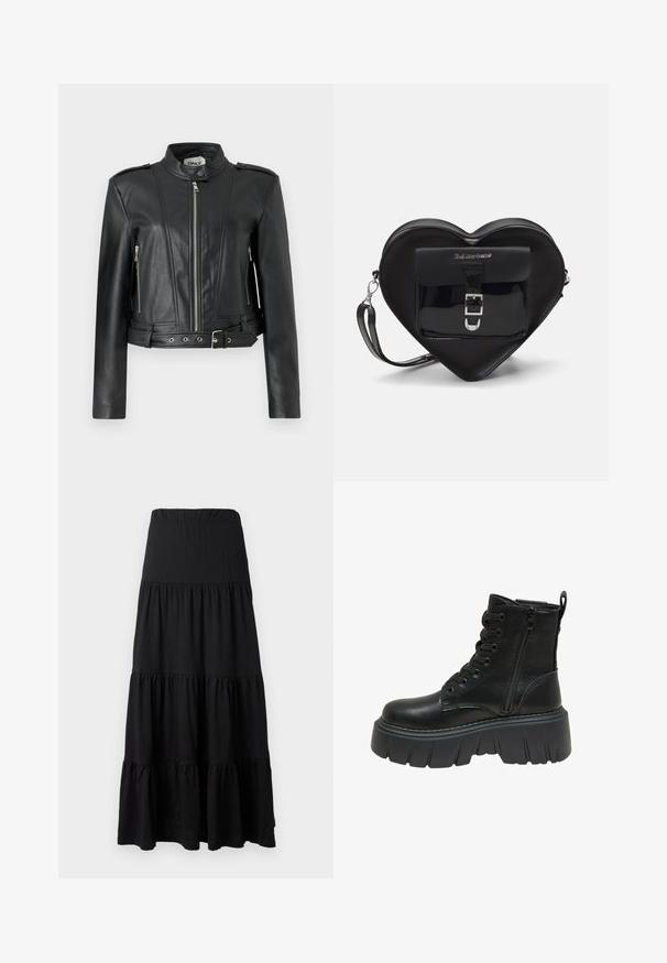 Fekete bőrkabát, rövidített fazonnal, elöl cipzárral, oldalsó cipzáros zsebekkel, vállpántokkal és övvel ellátott derékrésszel.; Fekete, rövid ujjú póló leopárdmintás négyzettel, piros cseresznyékkel és "CHERRIES" felirattal vastag piros betűkkel. Simító pamut anyag.; Fekete maxisziget puha anyagból, réteges kialakítással, rugalmas derékpánttal és fodros díszítéssel az alján.; Fekete bőr bokacsizma vastag talppal, fűzős elejével és oldalsó cipzárral a könnyű felvétel érdekében. A talpon textúrált részletezés található.; Fekete szív alakú táska lakkbőrből, elülső zsebbel, csattal záródik és levehető pánttal rendelkezik. Ezüst színű kiegészítők.