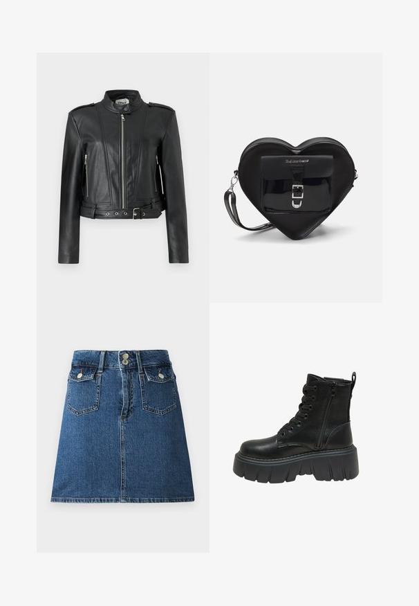 Veste en cuir noir au design court, dotée d'une fermeture éclair sur le devant, de poches zippées sur les côtés, d'épaulettes et d'un détail à la taille ceinturé.; T-shirt noir à manches courtes avec un motif léopard en carré, agrémenté de cerises rouges et du texte "CHERRIES" en lettres rouges en gras. Tissu en coton doux.; Jupe en denim bleu foncé, dotée d'une taille ajustée, de deux poches avant, de deux poches arrière et de fermetures à boutons en métal argenté.; Bottine en cuir noir avec une semelle épaisse, présentant un laçage à l'avant et une fermeture éclair sur le côté pour un enfilage facile. Détails texturés le long de la semelle.; Sac en forme de cœur noir en cuir verni avec une poche avant dotée d'une fermeture à boucle et d'une bandoulière amovible. Accents en métal argenté.