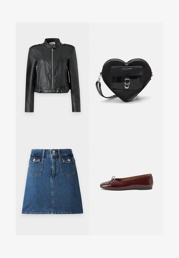 Schwarze Lederjacke im cropped Design mit durchgehendem Reißverschluss, seitlichen Reißverschlusstaschen, Schulterklappen und einem Taillengürtel.; Schwarzes T-Shirt mit kurzärmeligen, featuring ein Leopardenmuster Quadrat mit roten Kirschen und dem Wort "CHERRIES" in fetten roten Buchstaben. Glattes Baumwollmaterial.; Jeansrock in Dunkelblau mit tailliertem Bund, zwei Vorder- und zwei Hintertaschen sowie silberfarbener Knopfverschluss.; Burgunderfarbenes, lackiertes Ballettschuh mit abgerundetem Zehenbereich, kleiner Schleifenakzent vorne und einer niedrigen, schwarzen Gummisohle. Glatte Textur.; Schwarze, herzförmige Tasche aus Lackleder mit einer Vordertasche, die über einen Schnallenverschluss verfügt, sowie einem abnehmbaren Trageriemen. Silberne Hardware-Details.