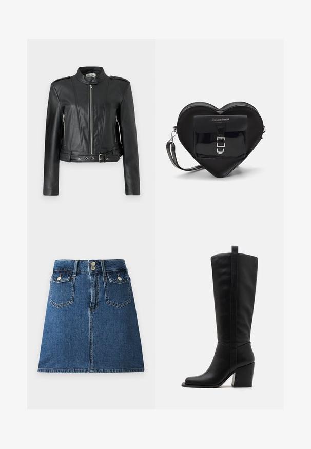 Must mustnahkjakken lühikese disainiga, millel on ette tõmmatav lukku, külgedel lukuga taskud, õlavarre epauletid ja vöödetaoline detail taljes.; Must ülikergete lühikeste varrukatega must T-särk, millel on leopardimustriga ruut, mille sees on punased kirsiid ja "CHERRIES" tekst paksude punaste tähtedega. Sile puuvillane kangas.; Sügavsinine teksaseelik, millel on sobiv vöökoht, kaks esikotti, kaks tagakotti ja hõbedatooni nööbid.; Mustad mustekat kummikud, millel on ruudukujuline varvas, kitsenev konts ja vertikaalne õmbluse detail välispuudel. Sile tekstuur.; Mustast südamekujulise kotiga, mis on valmistatud lakitud nahast. Ees on tasku, millel on klambri sulgemine ja eemaldatav rihm. Hõbedased detailid.