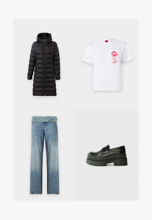 Juodas pūkinis paltas, iki kelių, su gobtuvu, su horizontaliu dvigubu siuvinėjimu, priekyje užtrauktukas ir šoninės kišenės.; Balta medvilnės marškinėliai su trumpomis rankovėmis, dekoruoti rožine lūpų atspaudą ir lūpdažio grafika, taip pat tekstu "La Nuit Devious."; Šviesiai mėlynos džinsinės kelnės su plačiu kojų dizainu, turinčios derančią diržą juosmenyje ir palaipsniui šviesėjančias nuo tamsios iki šviesios.; Juodos odinės loafers tipo bateliai su masyviu platformos padu. Suapvalintas pirštas, priekinė siuvimo detalė ir subtilūs siuvinėjimo akcentai. Lygus, tekstūruotas padas.