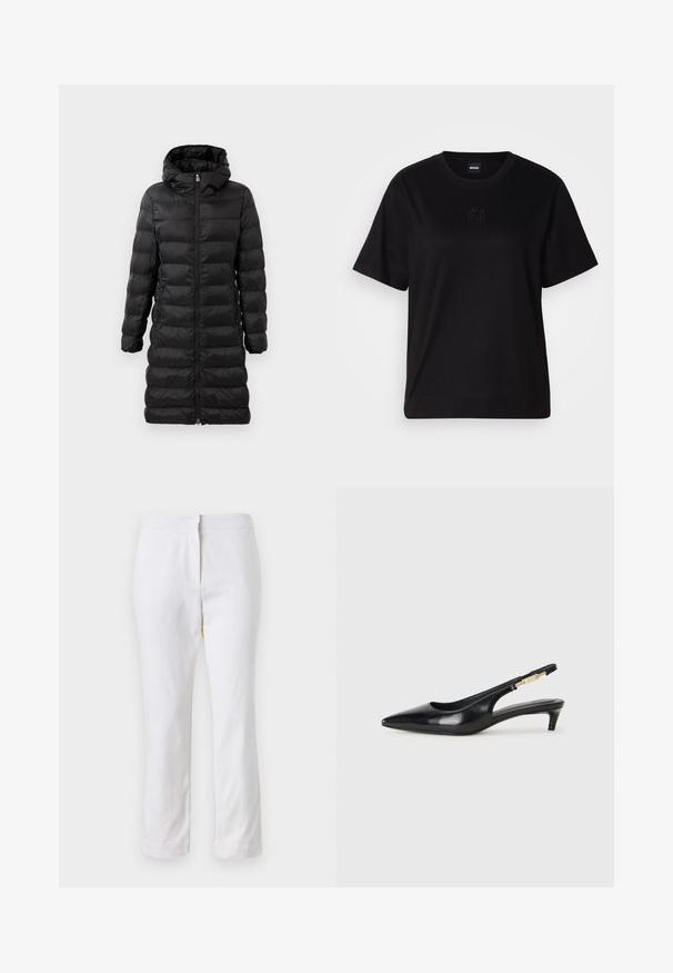 Casaco puffer preto, até aos joelhos, com capuz, apresentando padrão acolchoado horizontal, fecho de correr frontal e bolsos laterais.; T-shirt de algodão preto com decote redondo, mangas curtas e um logótipo bordado no peito. Corte simples e descontraído, sem padrões.; Calças de algodão brancas com um design de perna reta, apresentando uma cintura de altura média e sem hardware ou padrões visíveis. Textura suave por toda a peça.; Saltos slingback em couro preto com bico fino, apresentando um salto esguio e um detalhe em tom dourado na alça ajustável. Textura suave.