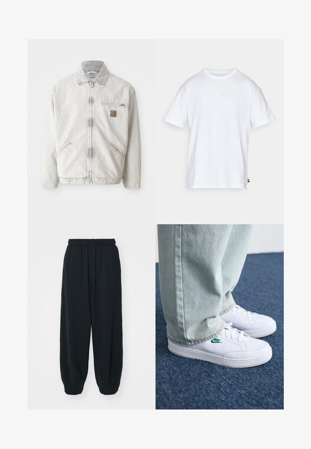 Light gray denim jacket with a zip front, corduroy collar, two front pockets, and a chest pocket with a logo patch. Soft, textured fabric.; White cotton t-shirt with short sleeves and a round neck. Features a small, subtle Nike logo on the chest and a side label.; Black, elasticated-waist sweatpants with a loose fit, cuffed ankles, smooth texture, and no visible patterns or hardware accents.; White leather sneakers with green Nike logo, round toe, flat sole, paired with light blue denim pants, shown on a blue carpet.