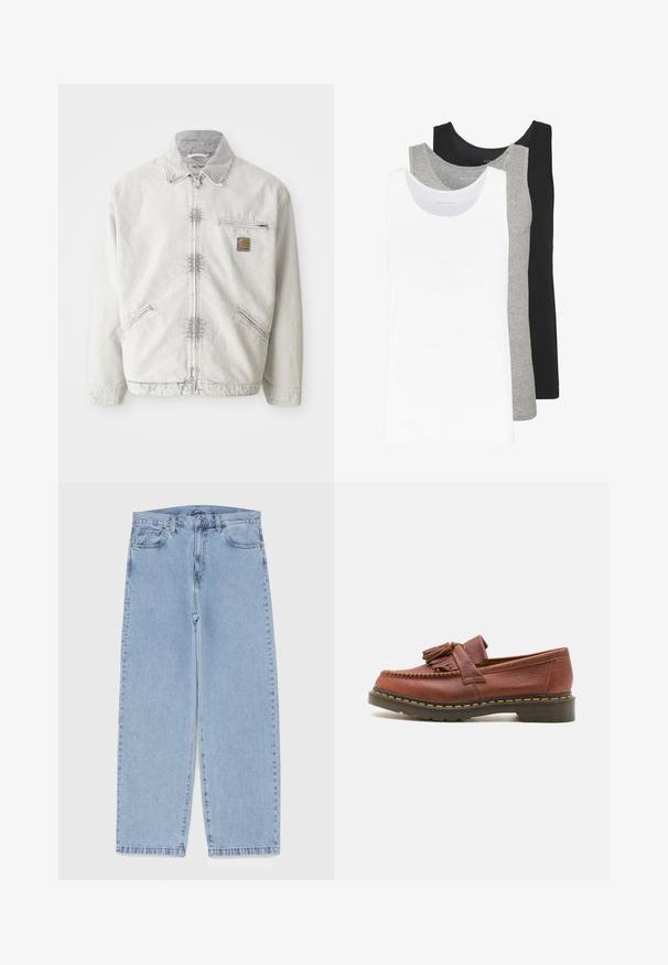 Light gray denim jacket with a zip front, corduroy collar, two front pockets, and a chest pocket with a logo patch. Soft, textured fabric.; Three tank tops in white, gray, and black. Each features a classic sleeveless design, made from lightweight cotton fabric with a ribbed texture.; Light blue denim jeans with straight leg design, featuring a mid-rise waist, five pockets, and a button and zipper closure.; Brown leather moccasin with tassel accents, textured surface, and contrasting yellow stitching along the black rubber sole. Side view.