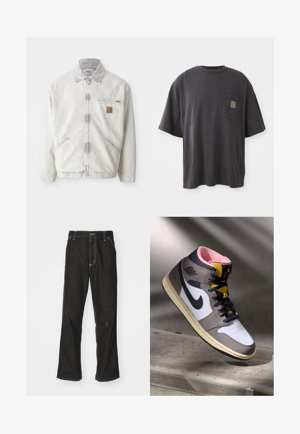 Lys grå denimjakke med lynlås foran, corduroy-krave, to forreste lommer og en brystlomme med et logo-patch. Blødt, tekstureret stof.; Sort bomulds T-shirt med korte ærmer, en rund halsudskæring og en venstre brystlomme med et firkantet logo-patch. Enkel og uudsmykket design.; Sorte denimjeans med løs pasform, der har kontrasterende hvid syning, en knaplukning og et lige ben-design.; Høj-top Nike Air Jordan sneaker i hvid, grå og sort med pink indvendigt og gul tunge, placeret på en betonoverflade.