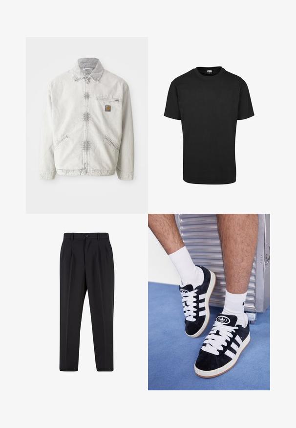 Heledane hallhalli denim jakk, millel on lukuga eesmine osa, kootud krae, kaks eesmist taskut ja rinna tasku logoga plaastriga. Pehme, tekstuuriga kangas.; Must-valge puuvillane T-särk ümmarguse kaeluse, lühikeste varrukate ja sirge äärisega. Sile tekstuur; lihtne, ilma kaunistusteta disain.; Mustad püksid, millel on voltidega eesmine disain, valmistatud siledast kangast. Omab nup closure ja vöökinnitusauke; sirge jalgade lõige.; Mustad nahkjalatsid valgete paelte ja kolme valge triibuga. Omab ümmargust musta logo keele peal ning kummist tallat.