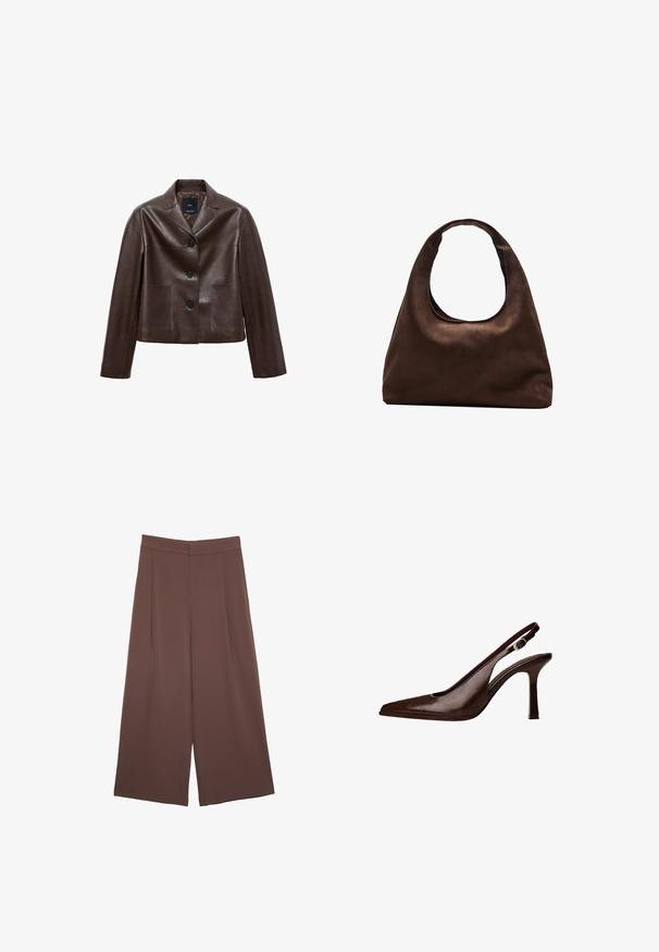 Giacca cropped in pelle marrone con colletto a revers, tre bottoni e due tasche frontali. Texture liscia con una forma strutturata.; T-shirt marrone a maniche corte realizzato in tessuto morbido, con scollo rotondo e vestibilità comoda. Texture liscia senza motivi o dettagli.; Pantaloni ampi marroni con una texture liscia, caratterizzati da una vita alta e pieghe frontali. Il tessuto è leggero e scorre liberamente.; Scarpa pump slingback in pelle marrone con punta affusolata e tacco sottile. Presenta una piccola fibbia decorativa sulla cinghia e una finitura lucida.; Borsa hobo di un morbido marrone con una sola tracolla larga e un'apertura a manico curvo, esposta su uno sfondo bianco.