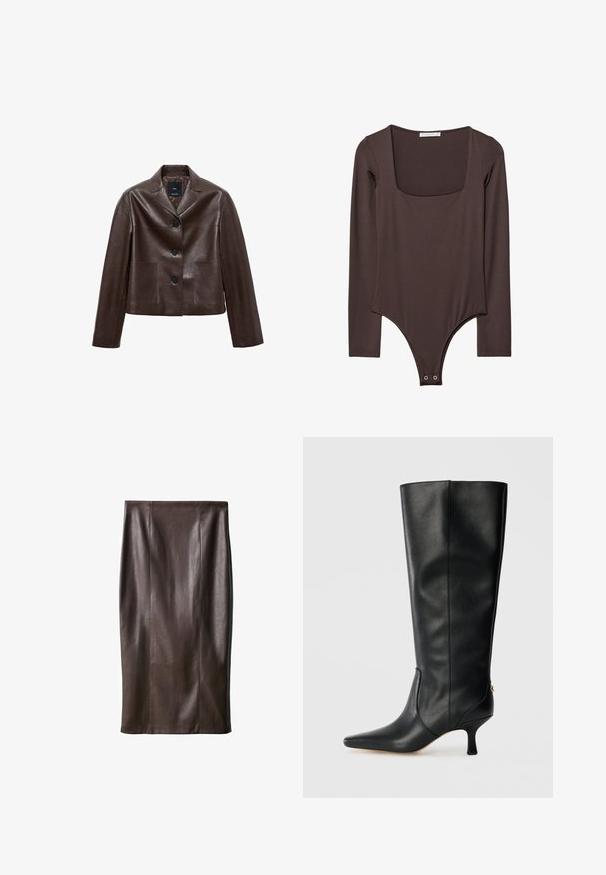 Ruskea nahkainen lyhyt takki, jossa on lovettu kaulus, kolme nappia ja kaksi etutaskua. Sileä pinta ja jämäkkä muoto.; Ruskea pitkähihainen body, jossa on neliönmuotoinen pääntie ja nepparit haarassa, valmistettu sileästä ja joustavasta kankaasta.; Ruskea nahkainen kynähame, jossa on sileä pinta, polvenpituinen, ja jossa on pystysaumat suunnittelua varten. Ei lisävarusteita tai koristeita.; Mustat nahka korkeavartiset saappaat, joissa on terävä kärki, tyylikäs muotoilu ja kapeneva 3-tuumainen korko. Takana on kultainen yksityiskohta.