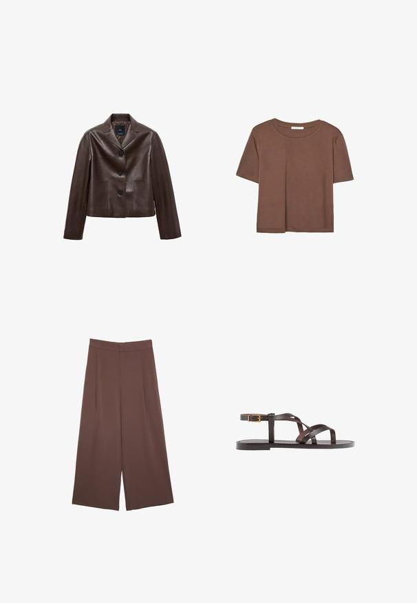 Veste courte en cuir marron avec un col cranté, trois boutons et deux poches avant. Texture lisse avec une forme structurée.; T-shirt marron à manches courtes en tissu doux, avec un col rond et une coupe décontractée. Aucun motif ni accent visible.; Pantalons larges marron avec une texture lisse, dotés d'une taille haute et de plis à l'avant. Le tissu est léger et tombe de manière fluide.; Sandale en cuir marron avec des brides entrecroisées, une fermeture à boucle à la cheville et une semelle plate avec des détails de couture minimaux.