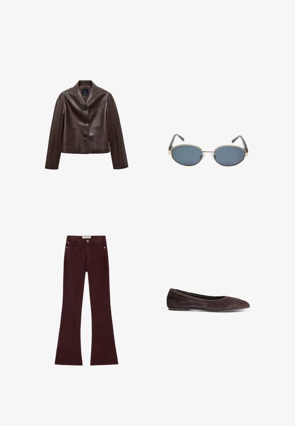 Veste courte en cuir marron avec un col cranté, trois boutons et deux poches avant. Texture lisse avec une forme structurée.; Bodysuit sans manches marron avec un col carré, fabriqué en tissu doux. Comprend une fermeture à pression en bas et une silhouette ajustée.; Jeans évasés bordeaux en tissu mélangé de coton, dotés de cinq poches, de matérieux métalliques et d'une texture lisse. Design classique avec fermeture éclair à l'avant.; Ballerines en suède marron avec un bout pointu et un profil bas. Présentent une texture lisse et un design minimaliste. Pas de matériel ou accents visibles.; Lunettes de soleil ovales avec verres foncés, monture en métal doré et branches grises. Les montures présentent un design minimal avec un accent subtil sur le pont.