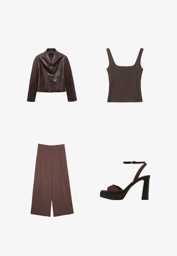 Veste courte en cuir marron avec un col cranté, trois boutons et deux poches avant. Texture lisse avec une forme structurée.; Haut sans manches marron avec un décolleté carré, fabriqué à partir d'un tissu doux et extensible. Présente un design ajusté et des coutures plates.; Pantalons larges marron avec une texture lisse, dotés d'une taille haute et de plis à l'avant. Le tissu est léger et tombe de manière fluide.; Sandale à talons hauts en suede marron avec un bout ouvert, une bride de cheville réglable et une semelle de plateforme rayée.