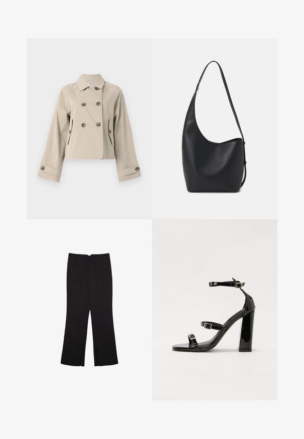 Beige kurz geschnittene Jacke mit einem doppelten Knopfdesign, großen Knöpfen, zwei Fronttaschen und einem strukturierten Kragen. Glattes Gewebe mit matter Oberfläche.; Schwarzes, langärmliges, kurz geschnittenes Oberteil mit Rundhalsausschnitt, schlichter Gestaltung und leicht abgerundetem Saum.; Schwarze Hose mit geradem Schnitt, ausgestattet mit Fronttaschen und Seitenschlitzen am Saum. Hergestellt aus weichem, glattem Stoff. Geeignet für verschiedene Anlässe.; Schwarze patentierte Sandalen mit Absatz, quadratischer Spitze, Knöchelriemen und silbernen Schnallen. Mit einem stabilen Blockabsatz für mehr Stabilität.; Schwarze Leder-Hobo-Tasche mit einer glatten Textur, geschwungener Form und einem einzelnen verstellbaren Tragegurt; verfügt über eine weite Öffnung am oberen Ende.