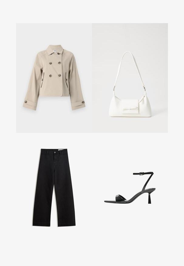Beige lyhyttakki, jossa on kaksinkertainen nappitus, suuret napit, kaksi etutaskua ja muotoiltu kaulus. Sileä kangas, jossa on mattapinta.; Ruskea hihaton toppi, jossa on neliönmuotoinen kaula-aukko, valmistettu pehmeästä ja joustavasta kankaasta. Ominaisuuksiin kuuluu istuva muotoilu ja sileät saumat.; Mustat leveät farkut korkealla vyötäröllä, joissa on etu- ja takataskut, ommellut saumat ja nappisuljenta. Silkinoinen rakenne.; Bershka Korolliset sandaalit - black; Valkoinen synteettinen käsilaukku, jossa on kolmikulmainen muoto, tasainen etu läppä ja nauhadetail, säädettävä olkahihna, sileä rakenne ja minimalinen muotoilu.