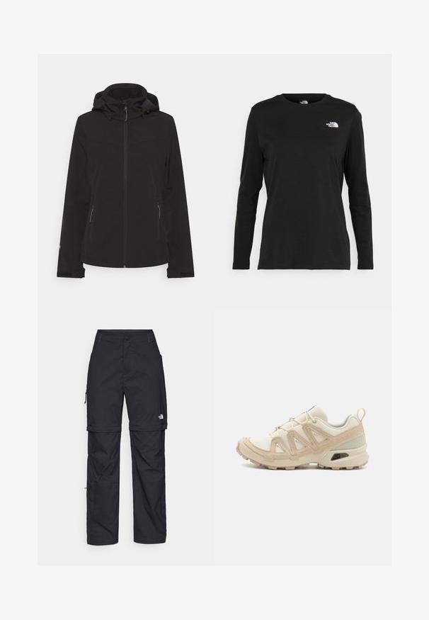 Veste softshell noire avec une fermeture éclair à l'avant, capuche réglable, poches latérales et poignets élastiques. Texture lisse avec une coupe ajustée.; T-shirt noir à manches longues en coton avec un col rond. Présente un petit logo blanc sur la partie gauche de la poitrine. Design et coupe simples.; Pantalons cargo en nylon noir, à zip amovible, avec chevilles ajustables, plusieurs poches et un logo sur la jambe droite. Texture lisse et légère.; Baskets de sport beiges et crème avec une tige en mesh texturé, des superpositions de soutien et une semelle en caoutchouc dotée d'un motif de crampons pour une traction.