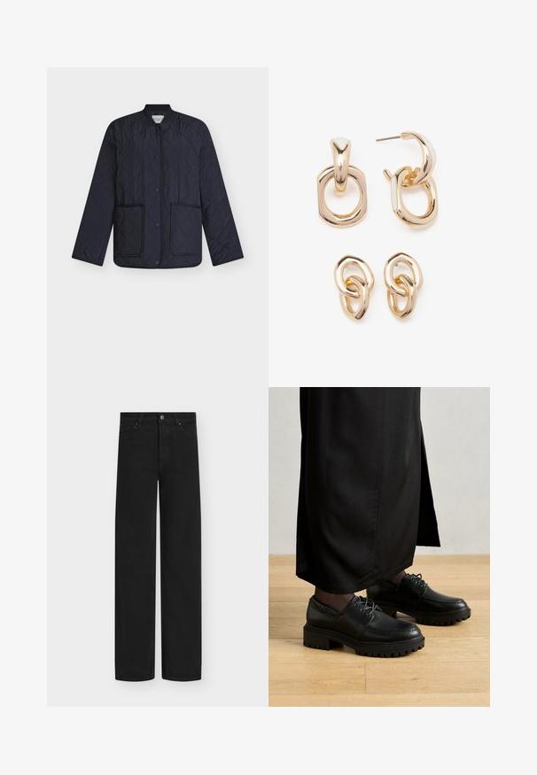 Tumši zila pāršūta jaka ar dimanta rakstu, ribotiem apkakli, spiedpogu aizdari un diviem priekšējiem kabatām. Viegls audums ar gludu tekstūru.; Balta īsām piedurknēm T-kreklā ar apaļu kakla izgriezumu, brīvā griezumā, izgatavota no mīksta kokvilnas auduma. Gluda tekstūra, bez rakstiem vai logo.; Melnas, platām kājām džinsi no džinsa auduma ar pogu aizdari un piecām kabatām. Gluda tekstūra ar tīru, minimālistisku dizainu.; Melnas ādas kurpes ar noapaļotu purngalu, biezu gumijas zoli un auklām. Dizainā ir dekoratīva šūšana gar augšējo daļu.; Zelta toņa auskari ar ģeometrisko formu maisījumu: kvadrāts, aplis un saistīti ovālie dizaini ar pulētu apdari.