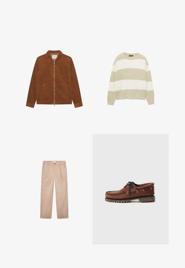 Giacca in corduroy marrone con chiusura a zip, colletto e due tasche frontali. Presenta una texture a coste e maniche lunghe.; Maglione a righe verde chiaro e bianco, texture a coste, collo rotondo, spalle scese e vestibilità rilassata con orlo all'altezza dei fianchi.; Pantaloni khaki in cotone con design a gamba dritta, dotati di due tasche frontali, chiusura con bottone e vestibilità classica.; Scarpa da barca in pelle marrone con tomaia testurizzata, chiusura con lacci neri e occhielli dorati. Presenta una suola in gomma rigata e resistente.