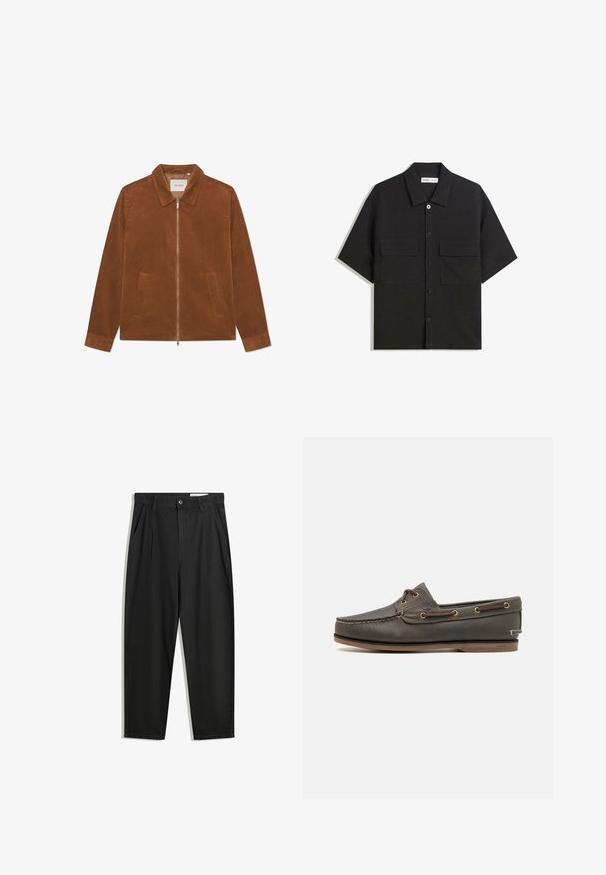Hnědá kordová bunda se zipovým uzávěrem, límečkem a dvěma předními kapsami. Má nažehlenou texturu a dlouhé rukávy.; Černá košile s krátkým rukávem vyrobená z látky s hladkou texturou, má dvě přední kapsy, klasický límeček a zapínání na knoflíky.; Černé bavlněné kalhoty s uvolněným střihem, klasickým pasem, předními záhyby a bočními kapsami. Hladká textura bez vzorů.; Tmavě hnědé kožené lodní boty s nízkým profilem, vybavené mosaznými očky a kontrastním prošíváním, plochou gumovou podrážkou a texturovaným povrchem.