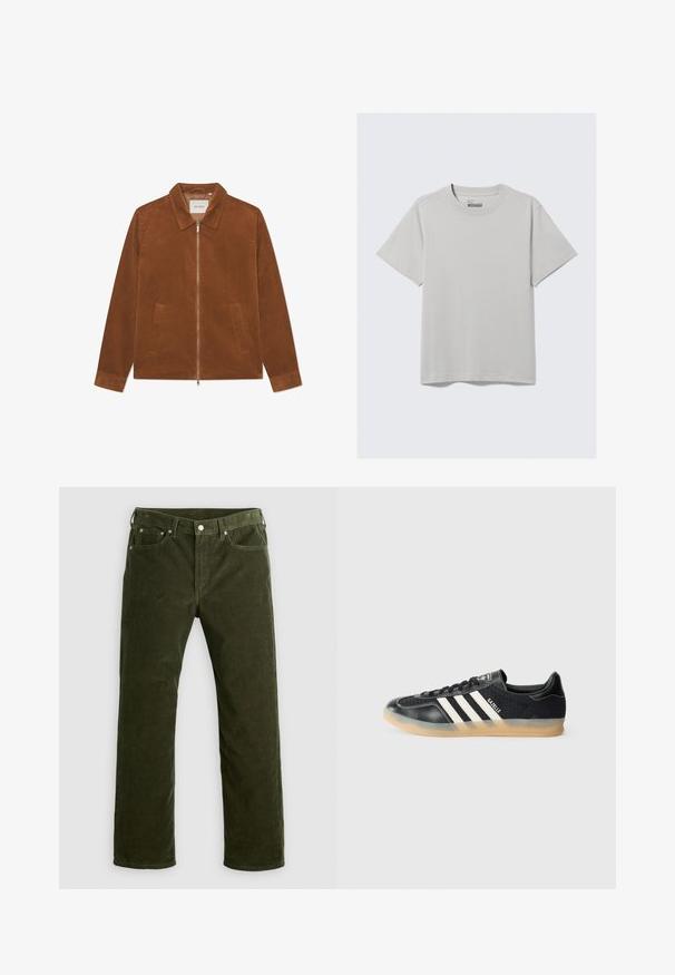 Smešani smeđi kordura s patentnim zatvaračem, ovratnikom i dva prednja džepa. Ima rebrastu teksturu i dugačke rukave.; Svijetlosiva pamučna majica s okruglim izrezom i kratkim rukavima, koja ima minimalistički dizajn i opušteni kroj. Bez uzoraka i naglasaka.; Maslinasto zelene korduroy hlače ravnog kroja s prednjim dugmetom, patent-zatvaračem, petljama za pojas i dizajnom s pet džepova na bijeloj pozadini.; Crni atletski tenisice s bijelim prugama, teksturiranom tkaninom, glatkim kožnim vrhom i gumiranim potplatom. Sadrži logotip na jeziku.