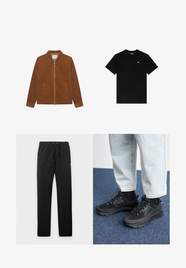 Pruunist korduroožist jakk, millel on tõmblukk, krae ja kaks esi-taskut. Omab ribakestega tekstuuri ja pikki varrukaid.; Must mustrips, millede lõhikuga, lühikeste varrukatega, millel on vasakul rinnal väike valge logo ning ilma lisamustrite ja aktsentideta.; Mustad fliisist sportpüksid, millel on elastne vöö ja paelad, kaks esi-taskut ning väike logo reie peal.; Mustad mustad jooksukingad, millel on tekstureeritud kangas ja kummist tallad, elastsed nöörid ning sinine aksent kandadel. Kandmine heledate teksadega.