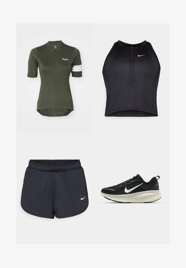 Tamsiai žalia dviračių maikutė su trumpomis rankovėmis, su priekiniais užtrauktukais, baltais dryželiais ant rankovės ir logotipu krūtinėje.; Juodas sportinis trumpas viršus su užtrauktuku priekyje, tinklinėmis detalėmis ir prigludusia forma. Pagamintas iš tamprios, kvėpuojančios medžiagos. Nike logotipas priekyje.; Juodos sportinės šortai, pagaminti iš lengvos, kvėpuojančios medžiagos. Turi elastingą juosmenį ir baltą Nike logotipą apatinėje dešinėje pusėje.; Juodas Nike sportinis batelis su kvėpuojančiu tinklu, baltu swoosh logotipu, tekstūruoto dizaino detalėmis ir grietinėlės spalvos ZoomX viduriu.