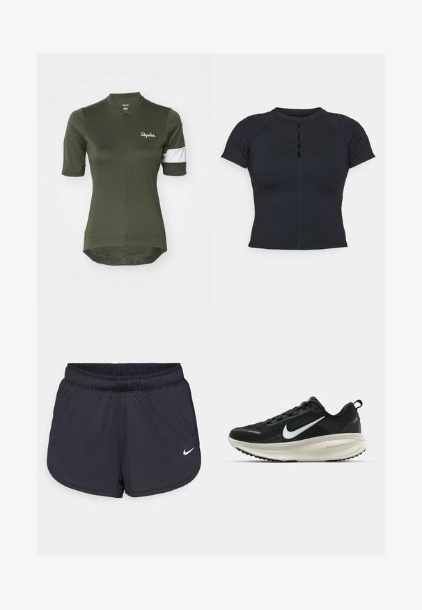 Olive zaļš riteņbraukšanas krekls ar īsām piedurknēm, ar priekšējo rāvējslēdzēju, baltu svītru akcentu uz piedurknes un logotipu krūtīs.; Melnas īsām piedurknēm augsta kakla tops ar pogu detaļām priekšpusē, izgatavots no elastīga auduma, ar raglāna piedurknēm un plakanām šuvēm.; Melnas sporta šortus, kas izgatavoti no viegla, elpojoša auduma. Iezīmē elastīga josta un balts Nike logo labajā apakšējā stūrī.; Melnas Nike skriešanas kurpes ar elpojošu acs augšdaļu, baltu Swoosh logotipu, strukturētu apdari un krēmkrāsas ZoomX starpsole.