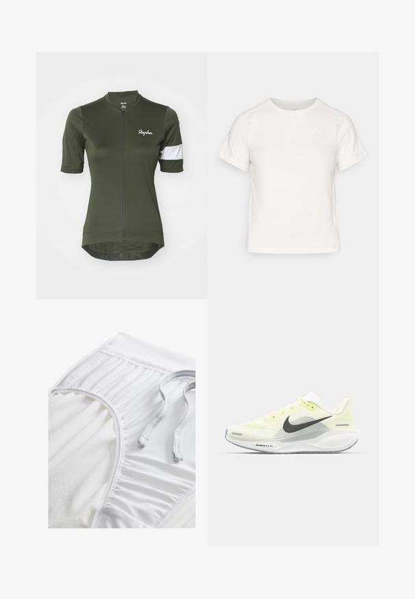 Maillot de cyclisme vert olive à manches courtes, présentant une fermeture éclair sur le devant, un accent rayé blanc sur la manche et un logo sur la poitrine.; T-shirt léger blanc à manches courtes, col rond et avec un petit logo dans le coin supérieur gauche. Tissu lisse avec un léger éclat.; Shorts de sport blancs avec une taille texturée, des détails froncés sur les côtés et un cordon plat. Tissu doux avec une finition lisse.; Baskets de course Nike avec une tige en mesh jaune clair et blanche, des accents gris et une semelle en caoutchouc flexible. Présentent un système de laçage.