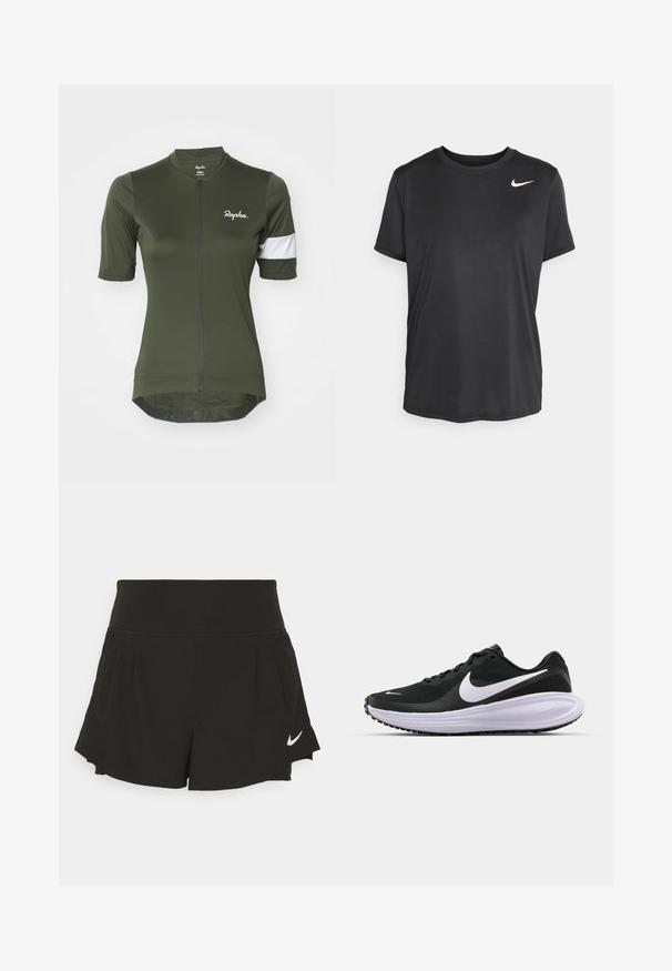 Maillot de cyclisme vert olive à manches courtes, présentant une fermeture éclair sur le devant, un accent rayé blanc sur la manche et un logo sur la poitrine.; T-shirt de sport noir à manches courtes, composé d'un tissu léger et lisse, présentant un petit logo Nike blanc sur le coin supérieur gauche.; Shorts de sport noirs avec une large taille, des détails plissés, un ourlet arrondi et un logo Nike blanc sur le coin inférieur droit.; Chaussure de sport noire avec une tige en mesh texturé, logo swoosh blanc, col rembourré et une semelle intermédiaire blanche épaisse et confortable. Semelle extérieure en caoutchouc.