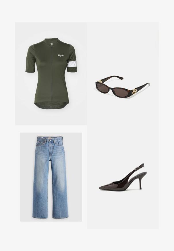Jersey de ciclismo verde oliva con mangas cortas, que cuenta con una cremallera frontal, un acento a rayas blancas en la manga y un logotipo en el pecho.; Camiseta blanca de tirantes con escote en V y delicados bordes de encaje, tirantes finos ajustables y una tela suave y lisa.; Pantalones vaqueros de mezclilla de corte ancho en azul claro, con cintura alta, zonas desteñidas, cinco bolsillos y costuras en contraste. Cierre clásico con botón y cremallera.; Zapato de tacón alto tipo slingback en piel sintética brillante de color marrón oscuro, con punta afilada, laterales abiertos y correa ajustable en el tobillo.; Gafas de sol carey con lentes ovalados alargados, tintado marrón, acentos de logo dorado en las patillas y brazos negros elegantes.; Pendientes en forma de espiral dorada con respaldo transparente, que presentan acentos dorados texturizados y pequeñas piedras preciosas claras incrustadas en el diseño.