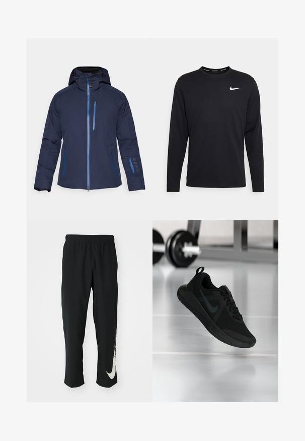 Vodootporna jakna tamnoplave boje s kapuljačom, džepovima na patentni zatvarač i plavim detaljima. Ima profinjen kroj i podesive rukave za sigurno zatvaranje.; Crna majica dugih rukava marke Nike od glatkog materijala, s bijelim Nike logom na lijevoj strani prsiju i okruglim izrezom.; Crne sportske hlače s elastičnim pojasom, suženi dizajn, sa velikim bijelim Nike logotipom na lijevoj nozi. Mekana, lagana tkanina.; Crna sportska cipela s teksturiranim mrežastim gornjim dijelom, gumenim potplatom i istaknutim tamnim logotipom swoosh. Ima podstavljen ovratnik i dizajn s vezicama.