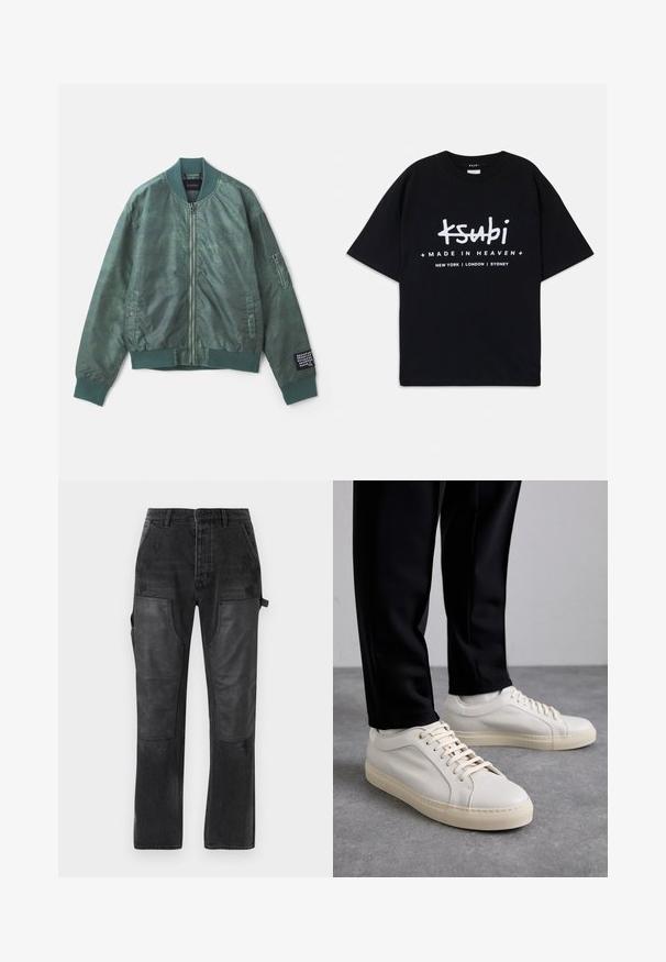 Giacca bomber verde in tessuto testurizzato, con zip frontale, colletto a costine e tasche laterali. La manica sinistra include una tasca con zip.; T-shirt di cotone nero con una vestibilità rilassata. Presenta testo grafico bianco "ksubi" e "MADE IN HEAVEN" con nomi di città sottostanti. Design classico con scollo a girocollo.; Pantaloni in denim nero con accenti in pannelli di pelle nera a contrasto, design a gamba dritta e dettagli in leggero effetto usurato sulla stoffa.; Sneaker in pelle beige chiaro con lacci piatti, superficie texturizzata e suola in gomma di colore crema in contrasto, abbinati a pantaloni neri a sigaretta.
