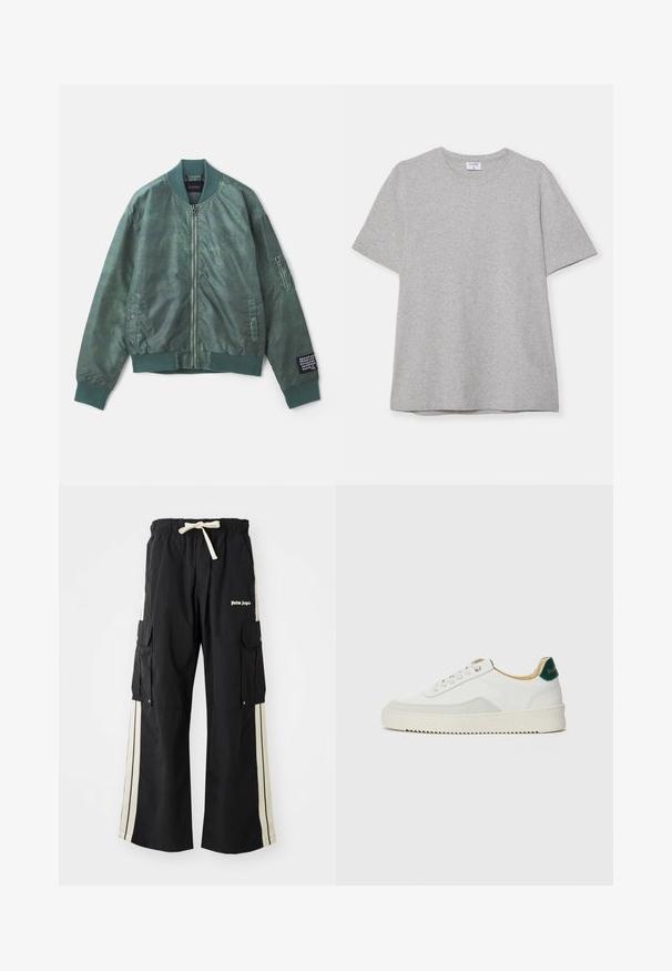 Green bomber jacket made of textured fabric, featuring a front zip, ribbed collar, and side pockets. Left sleeve includes a zip pocket.; Gray short-sleeve T-shirt made from soft, textured fabric. Features a classic crew neck and a straight hem, suitable for casual wear.; Black cargo pants with elastic waistband and drawstring, features cream side stripes, multiple pockets, and logo detail on the front.; White sneaker with suede accents, rounded toe, flat laces, and a cream rubber sole. Features green branding on the heel.