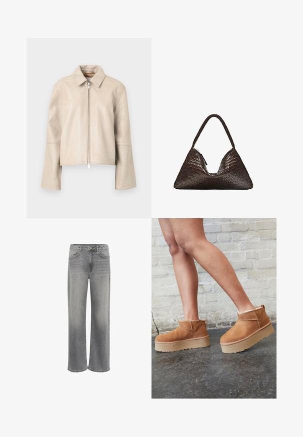 Samsøe Samsøe SALYLO JACKET - Læderjakker - washed white pepper; Lys grå strikket langærmet sweater med ribbet kant og manchetter, med en V-hals og afslappet pasform.; Hvid kortærmet t-shirt lavet af bomuld. Har en rund halsudskæring og en afslappet pasform. Glat tekstur uden synlige mønstre eller detaljer.; Vide ben jeans i grå denim, med høj talje, fem lommer, lukning med knap foran og subtilt slid på stoffet.; Brune ruskinds ankelsko med en blød foring, tyk beige plattformsål og en bageste løkke. Tekstureret overflade med synlige sømdetaljer.; Mørkebrun trekantet håndvævet læderhåndtaske med en enkelt flettet hank og synlig lynlåstrækker på den ene side.; Sæt af otte sølvringar med forskellige design, herunder glatte, teksturerede og en med små perler. Funktioner inkluderer kurver og accenter.