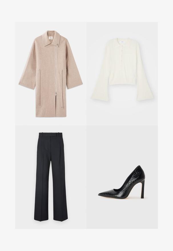 Beež villasegu müts kõrge kaelusega, ees lukuga kinnitamine, küljetaskud ja laiad varrukad; sile tekstuur ja minimalistlik disain.; Kortsirkli, kreemivärvi polosärk, millel on pikad, laiendatud varrukad ja viis nööpi. Omab pehme tekstuuriga kraed.; Tumed sinise triibuga püksid, kõrge vöökoht, laiad jalad ning ilma nähtavate metalldetailide või kaunistusteta. Sile tekstuur ja täpselt istuv lõige.; Mustan teravaotsaga kõrge kontsaga king, millel on krokodillimustriga tekstuur, stiilne disain, kõrge stilettokonts ja sile must sisesisustus.