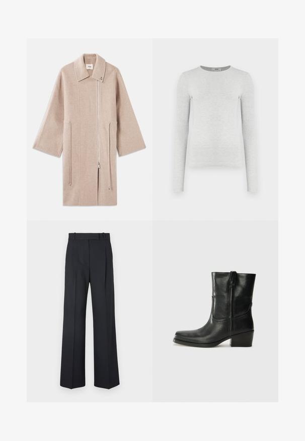 Bēša vilnas maisījuma mētelis ar augstu apkakli, priekšējo rāvējslēdzēju, sānu kabatām un platām piedurknēm; gluda tekstūra un minimālistisks dizains.; Garš sleeves pelēkā ribota adīta blūze, apaļa kakla izgriezuma, pieguļošas siluets, gluda tekstūra, bez redzamām logotipiem vai rotājumiem.; Tumši zili svītraini bikses ar augstu jostu, platu kāju dizainu un bez redzamiem aksesuāriem vai rotājumiem. Gluda tekstūra un pielāgota forma.; Melna ādas potīte ar noapaļotu purngalu, bloku papēdi, sānu rāvējslēdzēju un šuvju akcentiem uz virsmas. Gluda tekstūra, klasiskā dizaina.
