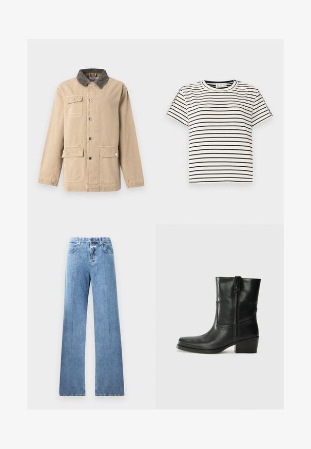 Bežna lahka jakna iz bombaža s kordirano ovratnikom. Ima sprednje gumbno zapiranje, dva stranska žepa in en žep na prsih.; Bombažna majica s kratkimi rokavi in okroglo ovratnikom, ki ima črne navpične črte na belem ozadju ter ravno krojeno zasnovo.; Svetlo modre denim hlače z širokimi hlačnicami, petimi žepi, pasnimi zankami in gumbom za zapiranje. Tkanina ima gladko teksturo.; Črne usnjene gležnjarje z zaobljenim nosom, blok peto, stransko zadrgo in šivanjem na vampu. Gladka tekstura, klasična zasnova.