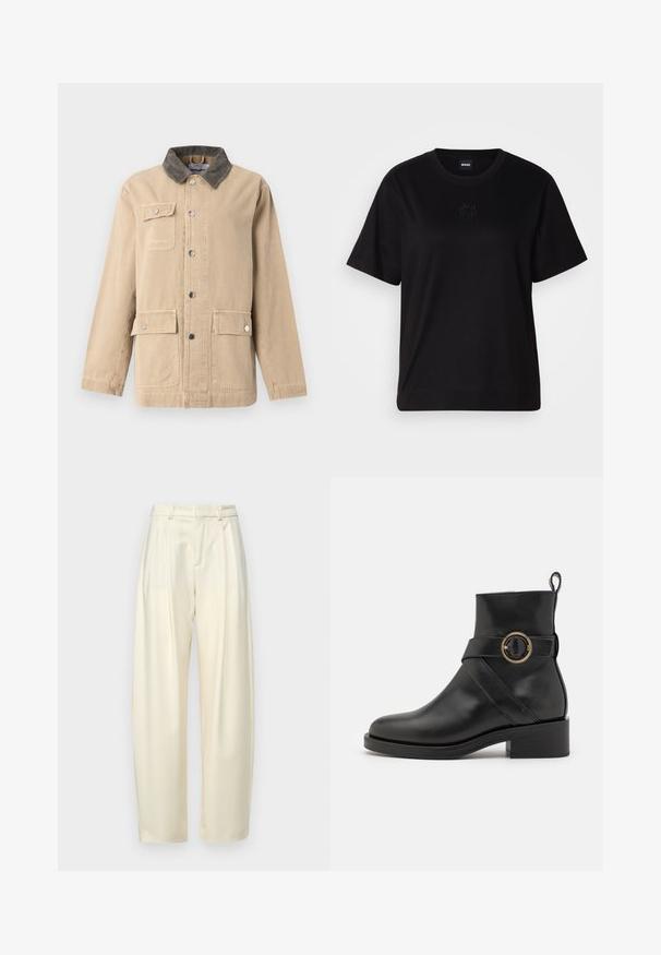 Vaaleanbeige kevyt puuvillahousut, jossa on koronhiha. Ominaisuuksiin kuuluu edessä nappikiinnitys, kaksi sivutaskua ja yksi rintatasku.; Musta puuvillapaita, jossa on pyöreä kaula-aukko, lyhyet hihat ja brodeerattu logo rinnassa. Yksinkertainen, rento istuvuus ilman kuvioita.; Pleated, korkeavyötäröiset housut vaalean kerma värisestä kankaasta. Ominaisuuksina suora leikkaus ja sileä pinta. Ilman taskuja tai näkyviä kiinnikkeitä.; BOSS IRYNA BOOTIE - Platform-nilkkurit - black
