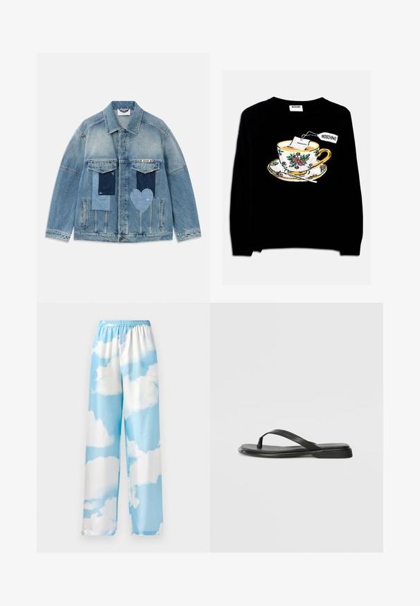 Vaalean sininen farkkutakki, jossa on applikaatiokuvioita, mukaan lukien suorakaiteen muotoisia ja sydämen muotoisia palasia, etuflapitaskut ja napitus.; Mustavillainen neule, jossa on brodeerattu teekuppi, jossa on teepussi ja kukkakoristelua. Suunnittelussa on myös aluslautanen kupin alla.; Taivaansiniset housut, joissa on pilvikuvio, valmistettu sileästä kankaasta, elastisella vyötäröllä ja leveillä lahkeilla. Ei näkyviä taskuja tai metalliosia.; Mustat varvastossut, joissa on sileä nahkapinta, ohut hihna ja litteä pohja, jossa on minimalistinen muotoilu. Ei huomattavia kuvioita tai koristeita.