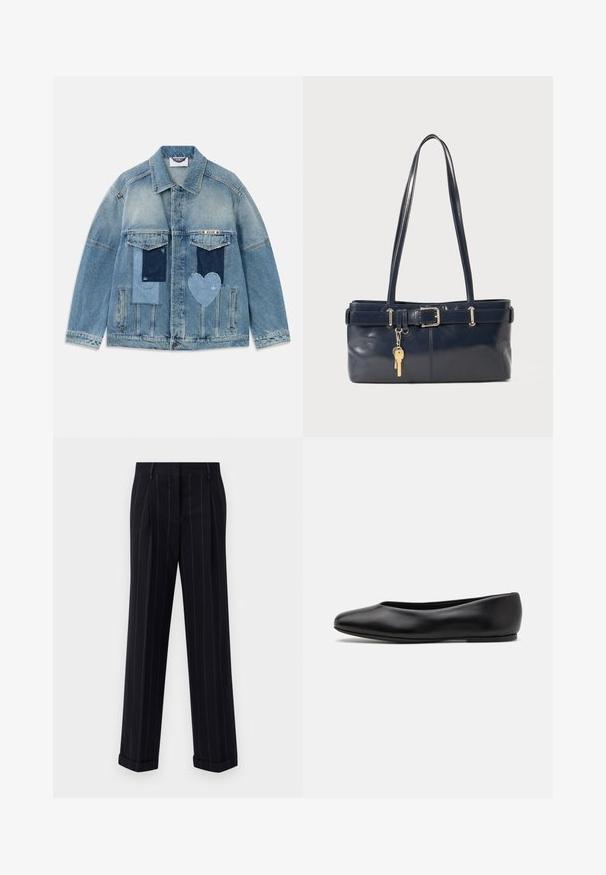 Jasnoniebieska kurtka dżinsowa z wzorami patchworkowymi, w tym prostokątnymi i sercowymi łatami, przednimi kieszeniami z klapkami oraz zapięciem na guziki.; Ciemnoniebieski sweter z okrągłym dekoltem, długimi rękawami raglanowymi, ściągaczami u dołu i prostym brzegiem. Wykonany z miękkiego, fakturowanego materiału dzianinowego.; Czarne spodnie w paski w stylu tailored, z mankietami i fałdami z przodu. Wykonane z gładkiego materiału o strukturalnym fasonie.; Paul Smith TOPANGA czarny; Granatowa skórzana torebka z dwoma długimi uchwytami, detalem w postaci klamry oraz dołączonym breloczkiem. Charakteryzuje się gładką teksturą i prostokątnym kształtem.