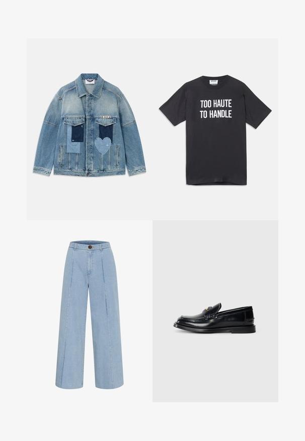Ljust blå denimjacka med lapptäckesdesign, inklusive rektangulära och hjärtformade lappar, framfickor och knäppning med knappar.; Svart bomullströja med korta ärmar och rund halsringning, med vit text som står "TOO HAUTE TO HANDLE" på framsidan.; Ljusblå vida jeans i denim, med knappstängning och två vertikala sömmar fram.; Svart läderloafers med en sömnadsdesign, en liten framflik och en platt gummisula. Slät textur med detaljer i guldfärg.