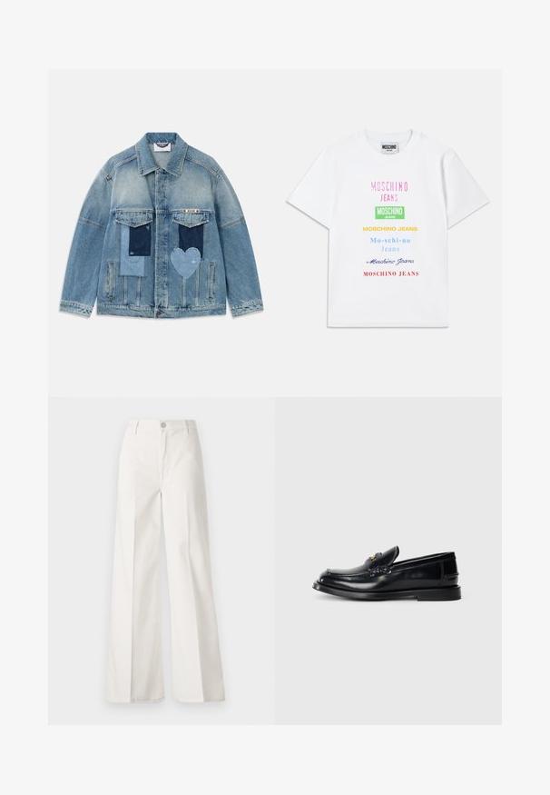 Svijetloplava traper jakna s zakrpama, uključujući pravokutne i srčaste zakrpe, prednje zaklopne džepove i kopčanje na gumbe.; Bela bombažna majica s številnimi logotipi v roza, zeleni, rumeni, modri in rdeči barvi, razporejeni vertikalno na sprednji strani.; Bele široke hlače iz bombaža z gladko teksturo. Imajo gumb spredaj, zadrgo in zasnovo z štirimi žepi.; Črne usnjene loafer čevlje z izvišeno zasnovo, majhno sprednjo loputo in ravnim gumijastim podplatom. Gladka tekstura z zlatim kovinskim poudarkom.