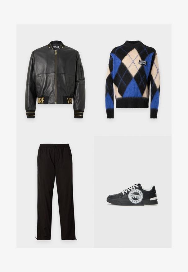 Crna kožna bomber jakna sa zlatnim akcentima, zatvaranje na zip, bočne džepove, rebraste manžete i pojas s izvezenim natpisom "VERSACE" u zlatnoj boji.; Crni, bež i plavi pahuljasti argyle pulover s rebrastim manžetama i rubom, s "Versace Couture" zakrpljenom oznakom na prsima.; Crne lagane hlače s elastičnim pojasom, zatvaranjem na vezicu i patentnim zatvaračima na rubovima za podesiv fit. Glatka, elegantna tekstura.; Crne kožne tenisice s bijelim detaljima, okruglim logotipom, perforiranim prstom i kontrastnom potplatom. Imaju bijele vezice i brendiranje.