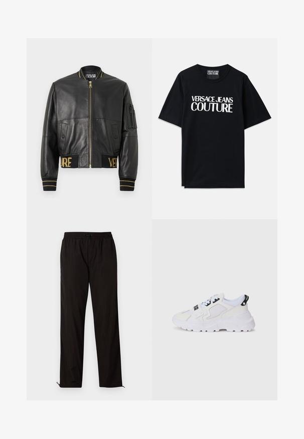 Črna usnjena bomber jakna z zlatimi dodatki, zadrgo, stranskimi žepi, rebrastimi manšetami in pasom, ki ima v zlati vezenini napis "VERSACE".; Črna bombažna majica s kratkimi rokavi, ki na sprednji strani prikazuje veliko belo besedilo "VERSACE JEANS COUTURE". Klasična zasnova s krožnim ovratnikom.; Črne lahke hlače z elastičnim pasom, zapiranjem na vrvico in zadrgo na robovih za prilagodljivost. Gladka, sijoča tekstura.; Beli atletski supergi z mrežasto zgornjico, debelim podplatom in črnimi poudarki z natisnjenim logotipom. Teksturiran in strukturiran dizajn.