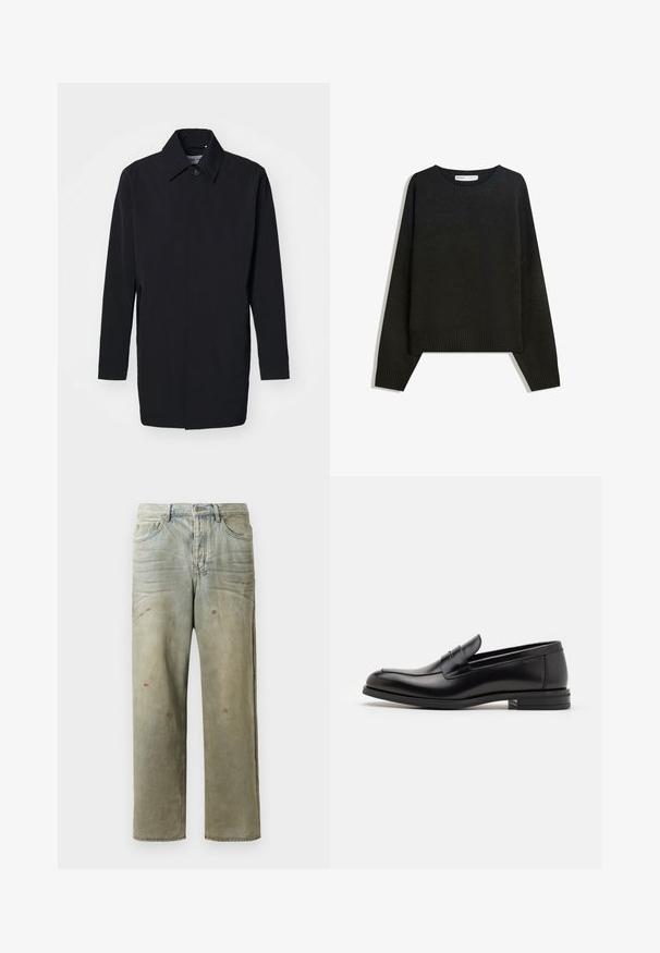 Sort letvægtsjakke med en struktureret design, knaplukning og lange ærmer. Glat tekstur og minimalistisk stil uden mønstre.; Sort striktrøje med rund halsudskæring, ribbede manchetter og nederste kant. Designet er rummeligt med dropped shoulders for en afslappet pasform.; Slidte denimjeans i lysegrøn med lige ben, femlommerdesign og ujævn falming med malersplatter.; Sorte læderloafers med en glat overflade, rund tå og en dekorativ strop over vampen. Lav hæl med stabeldesign, minimalistisk stil.
