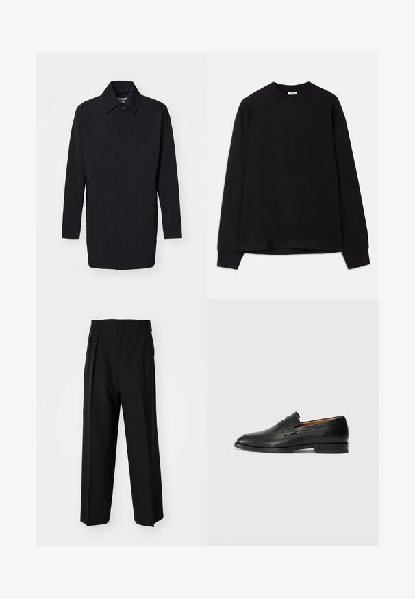 Svart lett jakke med en strukturert design, knappelukking og lange ermer. Glatt tekstur og minimalistisk stil uten mønstre.; Svart langermet T-skjorte laget av myk bomull. Har rund hals, løs passform og ribbede mansjetter. Ingen synlige mønstre eller logoer.; Sorte plissert bukser med en rett, bred benform. Laget av glatt stoff, med knappelukking og beltehemper.; Svart skinnloafer med rund tå, subtilt sydd detaljering og lav hæl, med en glatt tekstur og minimalistisk design.