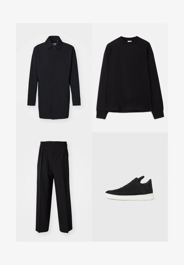 Schwarze leichte Jacke mit strukturiertem Design, Knopfverschluss und langen Ärmeln. Glatte Textur und minimalistischer Stil ohne Muster.; Schwarzes Langarm-T-Shirt aus weichem Baumwollmaterial. Hat einen runden Halsausschnitt, eine lockere Passform und gerippte Ärmelbündchen. Keine sichtbaren Muster oder Logos.; Schwarze, plissierte Hose mit geradem, weitem Bein. Hergestellt aus glattem Stoff, mit Knopfverschluss und Gürtelschlaufen.; Schwarze Wildleder-Sneaker mit einer weißen Gummisohle, die sich durch elegante Nähte und ein schnürbares Design auszeichnen. Glatte Textur mit einer modernen, stromlinienförmigen Form.