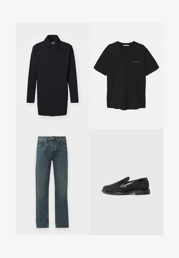 Juoda lengva striukė su struktūrizuotu dizainu, mygtukų uždarymu ir ilgomis rankovėmis. Lygus paviršius ir minimalistinis stilius be raštų.; Juoda medvilninė marškinėlė su apykakle, trumpomis rankovėmis ir baltu logotipu kairėje krūtinės pusėje. Paprastas, vientisas spalvų dizainas.; Tamsiai mėlyni džinsai su tiesiomis kojomis, turintys penkis kišenes, mygtuko uždarymą ir kontrastingus siuvimo akcentus.; Juodas pintas slip-on tipo batelis su lygiu odiniu akcentu viršuje, apvalios nosies dizainas ir žemas guminis padas.