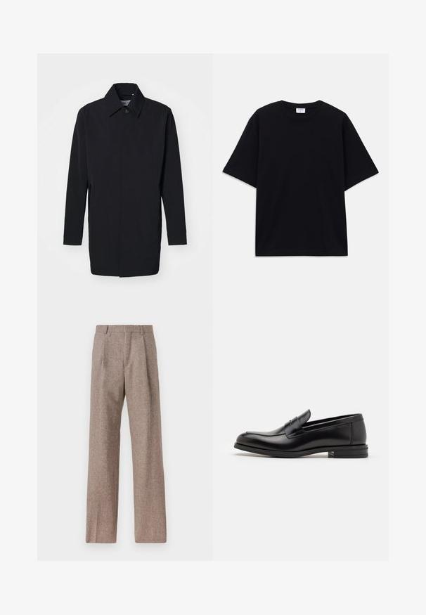 Melnā vieglā jaka ar strukturētu dizainu, pogu aizdari un garām piedurknēm. Gluda tekstūra un minimālisma stils bez rakstiem.; Melns īsām piedurknēm oversize T-krekls ar apaļu kakla izgriezumu un redzamu Filippa K zīmola birku iekškaklā.; Brūni, augstos šortos izgatavoti no teksturēta auduma. Iezīmē plašas kājas un divas priekšējās krokas, kas nodrošina struktūru. Kārtīga apdare bez redzamām detaļām.; Melnas ādas kurpes ar gludu tekstūru, noapaļu purngalu un dekoratīvu siksniņu pāri priekšpusei. Zems sakrauts papēdis, minimālisma dizains.